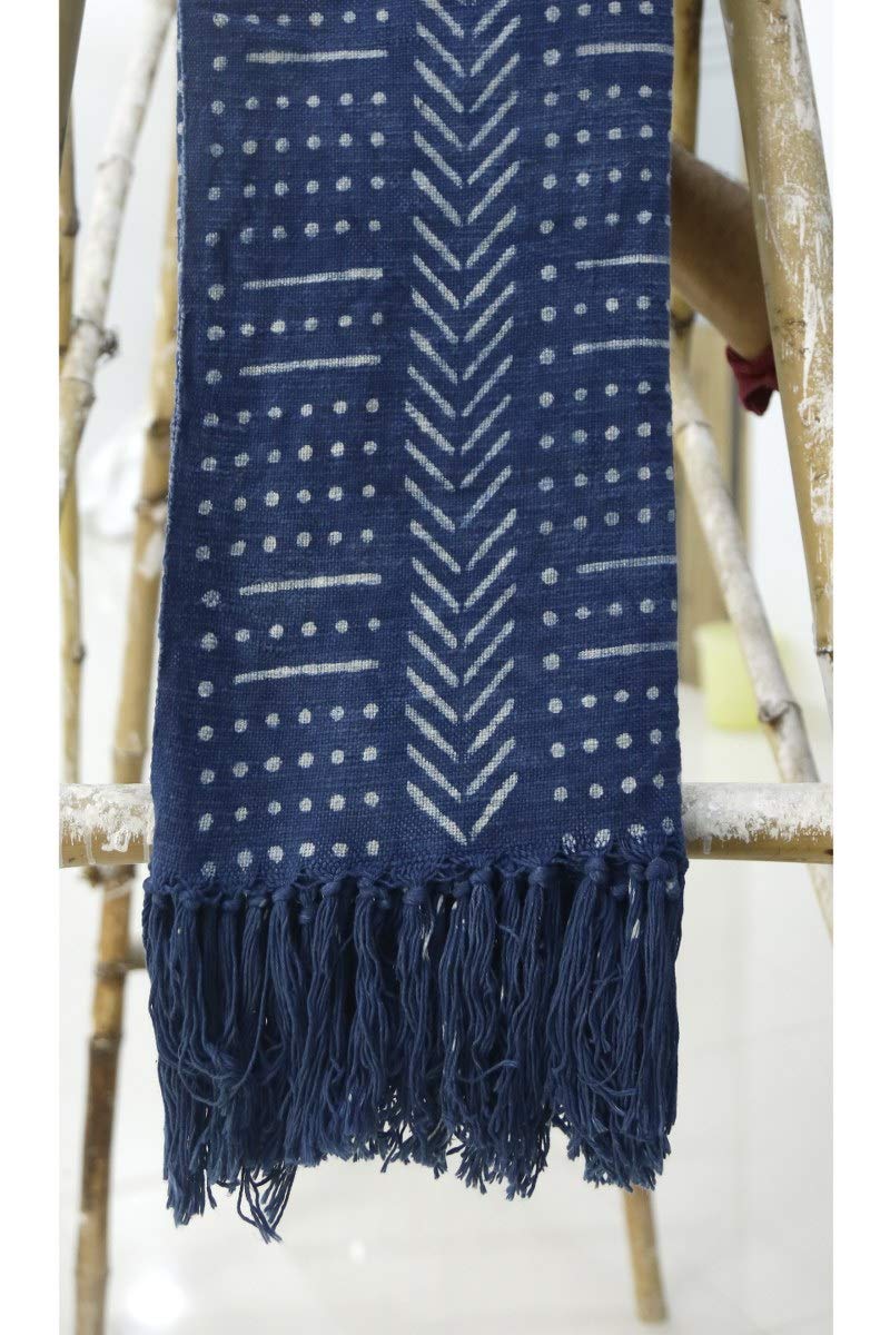 Trade Star Handloomed Ethnic Indigo Mudcloth Throw Pure Cotton Throw Blanket Hand Block Print Blanket with Tassels Indian Blanket for Home Decor (Pattern 9) - Image 4